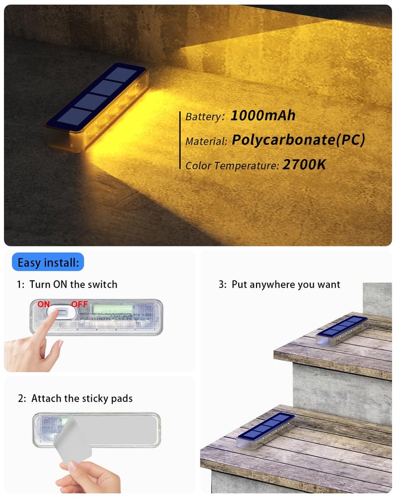 DetarZinLED أضواء خطوات شمسية DetarZinLED للخارج، 6 عبوات أضواء سلالم شمسية خارجية مقاومة للماء، ضوء دافئ أبيض يعمل بالطاقة الشمسية مقاوم للماء للخطوات، السلالم، الممر، الرصيف، الفناء، المسار - Image 5