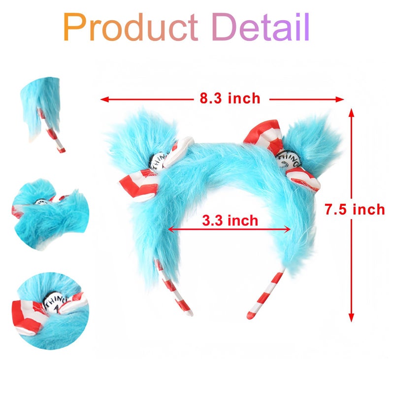 HIPIHOM Blue Fuzzy Headband with Red Bow Blue Hairband Costume Accessory Theme Party Costume Headbands - Image 2
