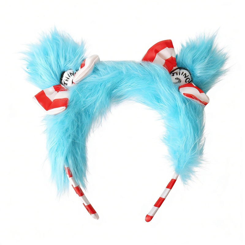 HIPIHOM Blue Fuzzy Headband with Red Bow Blue Hairband Costume Accessory Theme Party Costume Headbands - Image 1