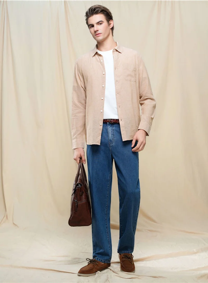 GIORDANO Men's Slim Linen Cotton Solid Shirt