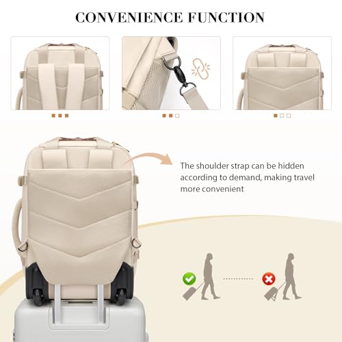 GOLF QUALITY Rolling Backpack for Women,Travel Laptop Backpack with Wheels Roller Personal Item Backpack Wheeled Underseat Carry On Luggage,Fit 17Inch,Apricot - Image 4