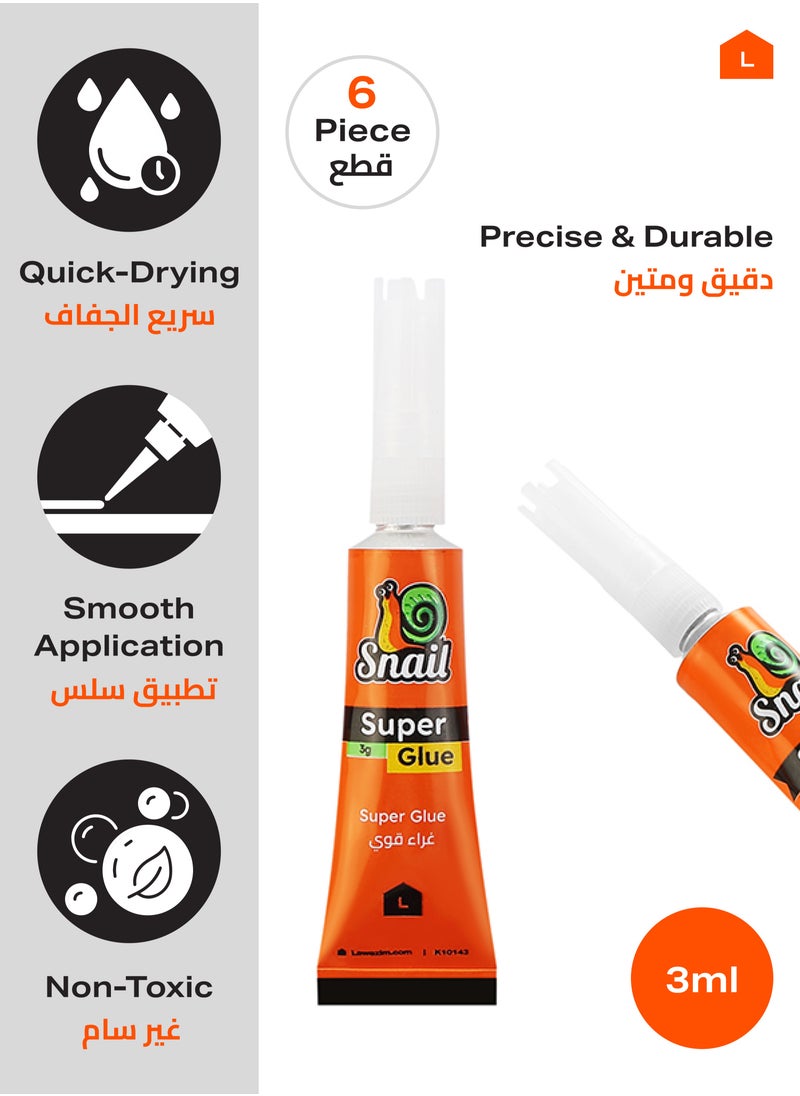 LAWAZIM - Super Glue -6 Pieces- Fine Tip Transparent Quick Bonding Instant Adhesive on Metal Plastic Wood Glass Ceramic Rubber Leather Fabric Paper and Jewelry - For DIY House Repairs and Professional - Image 1
