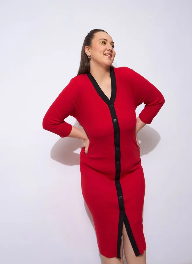 ساسافراس Red V-Neck Midi Sheath Dress for Women