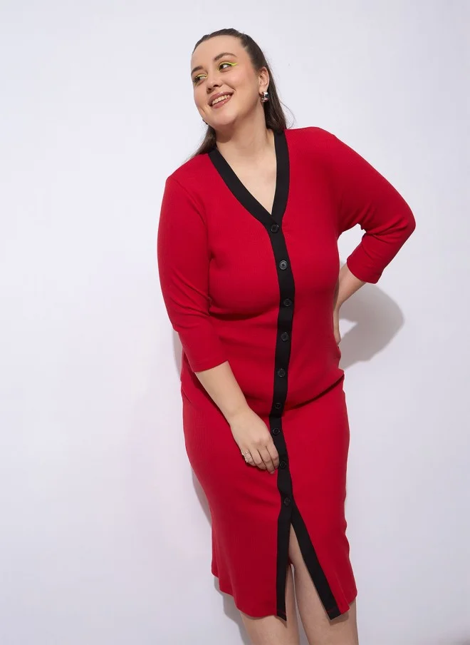 ساسافراس Red V-Neck Midi Sheath Dress for Women