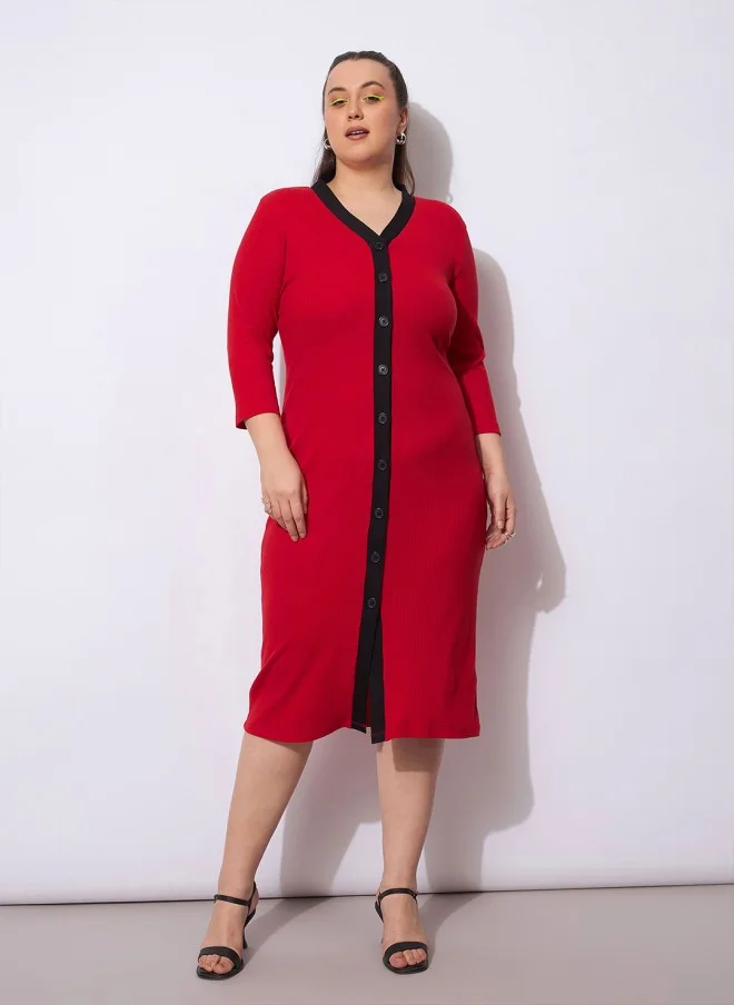 ساسافراس Red V-Neck Midi Sheath Dress for Women