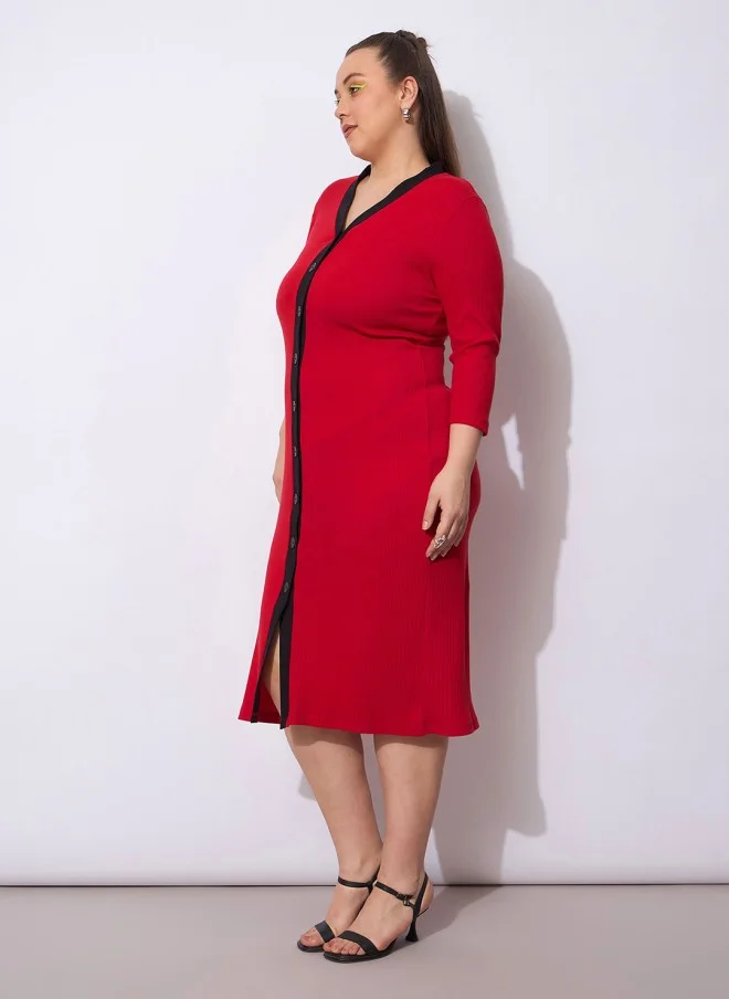 ساسافراس Red V-Neck Midi Sheath Dress for Women