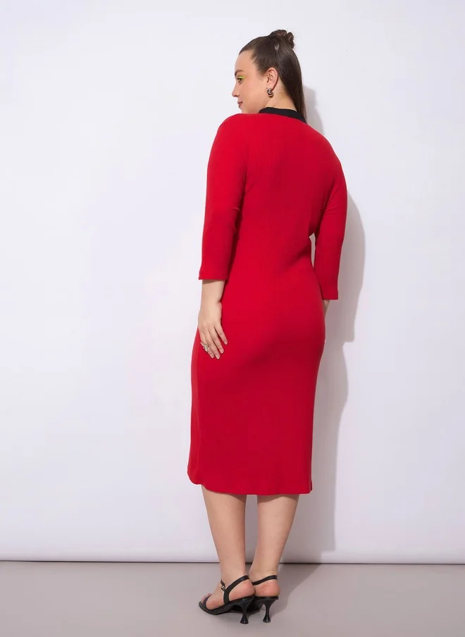 ساسافراس Red V-Neck Midi Sheath Dress for Women