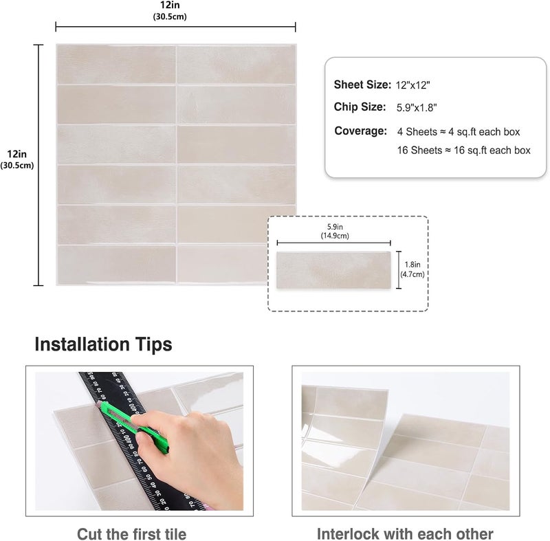 CRE8TIVE 16 Sheets Straight Linear Peel and Stick Tile Backsplash Stick on Wall Tile Beige Rectangular Kitchen Backsplash Tiles Waterproof Renter Friendly Back Splash for Living Room Fireplace 12"x12" - Image 2