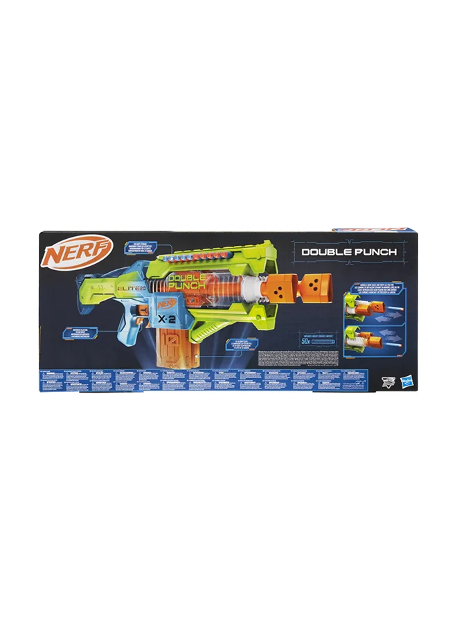 NERF Elite 2.0 Double Punch Motorized Dart Blaster, Rapid Alternating Barrels, 50 Elite Darts, 2x 10-Dart Clips, Ages 8 &amp; Up