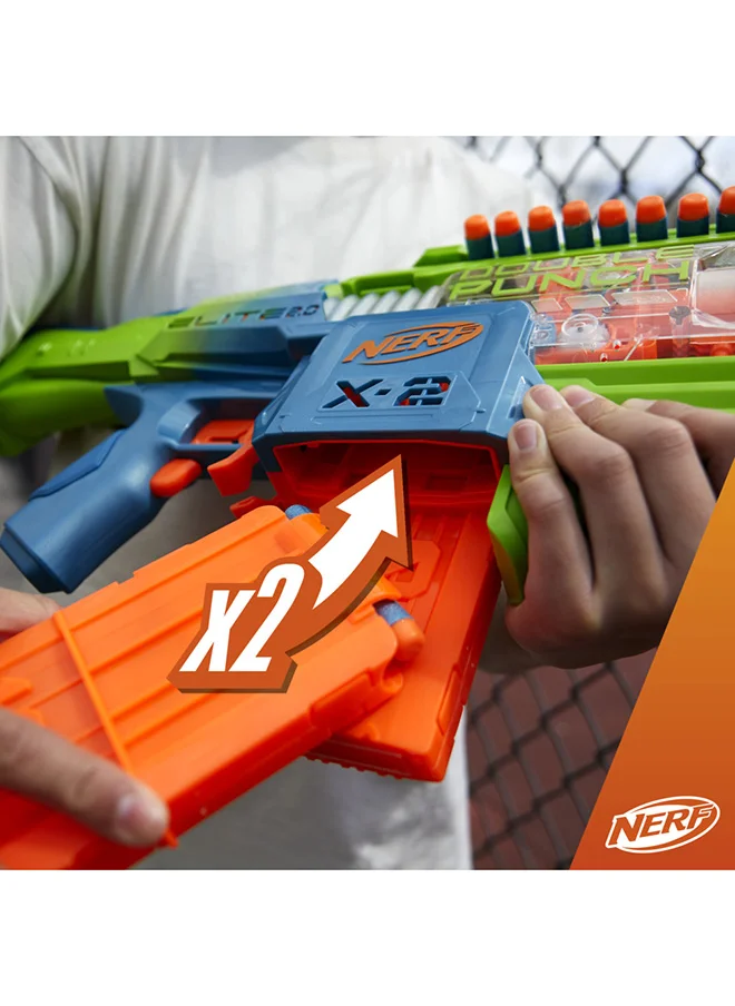 NERF Elite 2.0 Double Punch Motorized Dart Blaster, Rapid Alternating Barrels, 50 Elite Darts, 2x 10-Dart Clips, Ages 8 &amp; Up