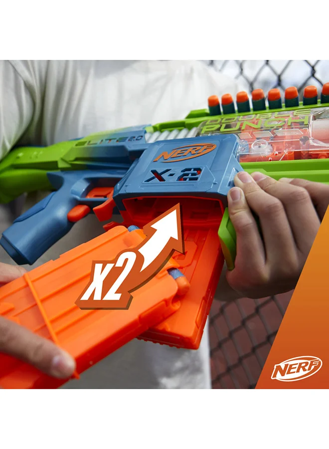 NERF Elite 2.0 Double Punch Motorized Dart Blaster, Rapid Alternating Barrels, 50 Elite Darts, 2x 10-Dart Clips, Ages 8 &amp; Up