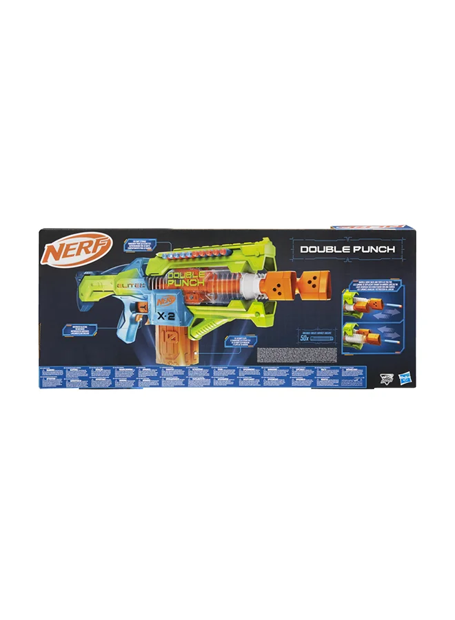 NERF Elite 2.0 Double Punch Motorized Dart Blaster, Rapid Alternating Barrels, 50 Elite Darts, 2x 10-Dart Clips, Ages 8 &amp; Up