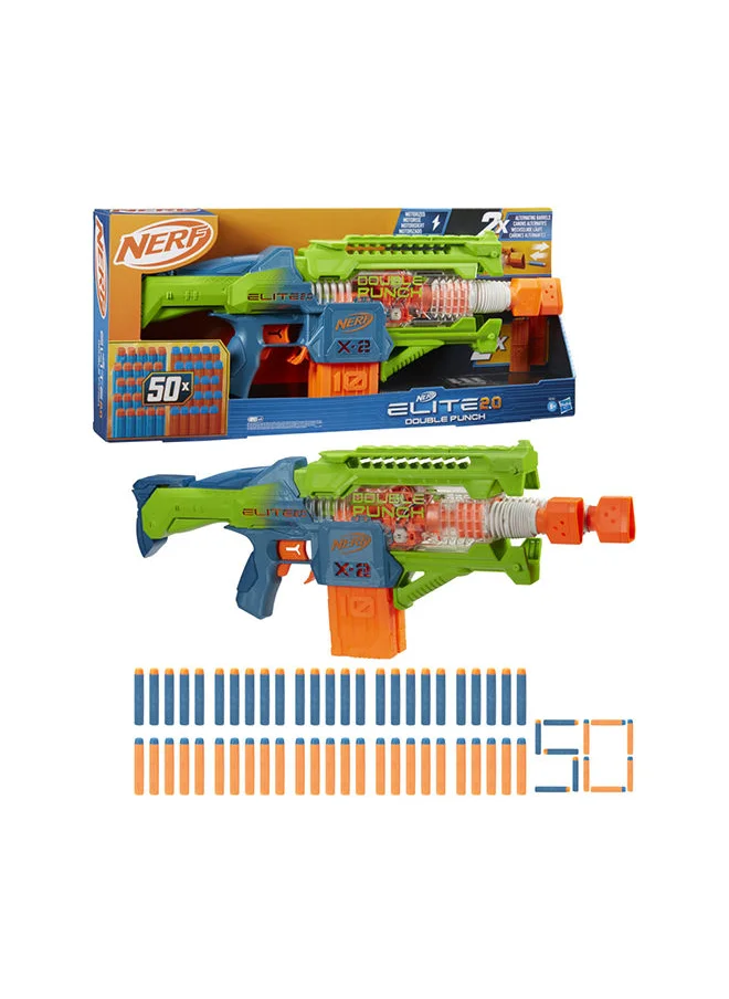 نيرف Elite 2.0 Double Punch Motorized Dart Blaster, Rapid Alternating Barrels, 50 Elite Darts, 2x 10-Dart Clips, Ages 8 &amp; Up