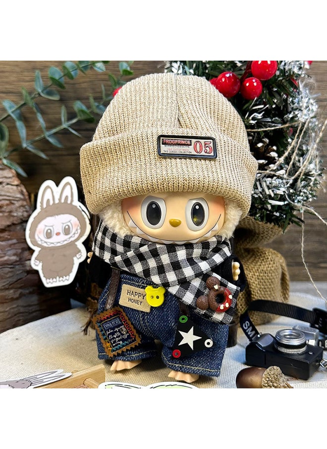 Labubu Sitting Party Doll Clothes Generation II Blind Box Labubu Doll Clothes Ragcloth Clothes Plush Vinyl Face-Specification:First And Second Generation Universal (doll Not Included) - Standard Outfit-Color:Black Forest (knitted Hat + Overalls + Black Sweatshirt + Scarf)  - Image 1