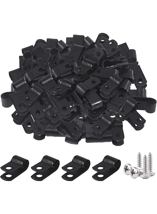 S-TOP 120Pcs 1/4 Inch Black Nylon Screw Mounting R-Type Cable Clip Wire Clamp with 120Pcs Screws for Wire, Cable, Conduit and Cable Conduit Kit (Black) - Image 1