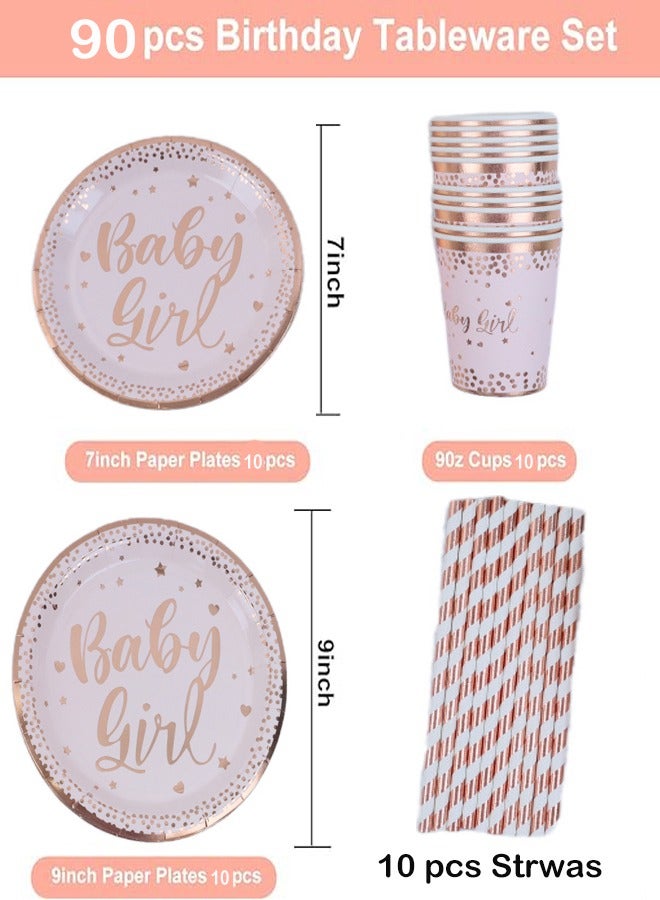 90 Piece Hot Stamped Disposable Birthday Tableware Set Light Pink Hot Rose Gold