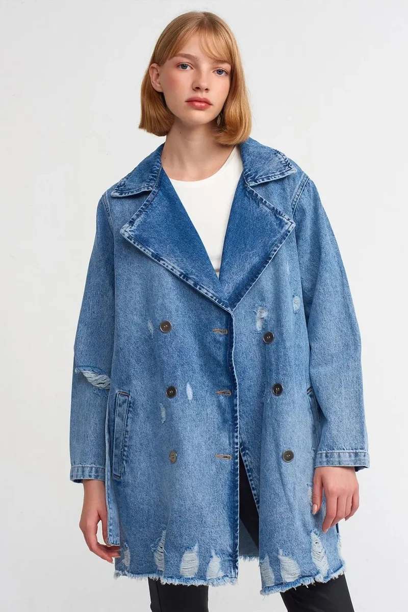 ديلفين DILVIN Long Cotton Denim Trench Coat