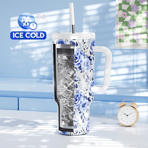 Meoky 40 oz Tumbler with Handle and Straw: Stainless Steel Insulated Tumbler with Lid and Straw - 100% Leak Proof Tumbler for Car Cup Holders - Travelers Commuters Workers, Blue Rose - Image 2