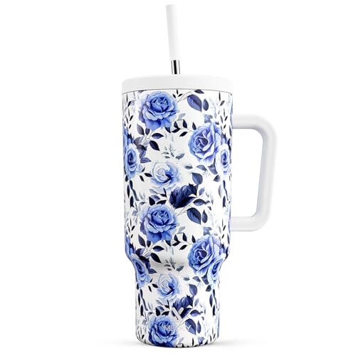 Meoky 40 oz Tumbler with Handle and Straw: Stainless Steel Insulated Tumbler with Lid and Straw - 100% Leak Proof Tumbler for Car Cup Holders - Travelers Commuters Workers, Blue Rose - Image 1