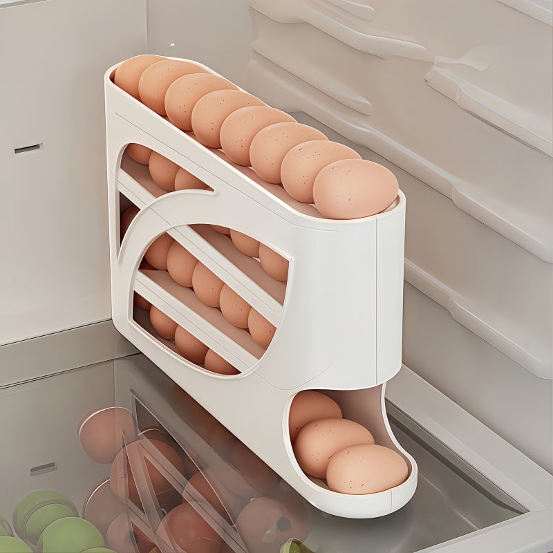 4-Tier Rolling Egg Rack - Space-Saving Side Door Design, Holds 30 Eggs, Smooth Glossy End, Convenient Handle | Suitable for Kitchen And Refrigerator Storage | Modern Kitchen Accessory | Durable Plastic Material - Image 4