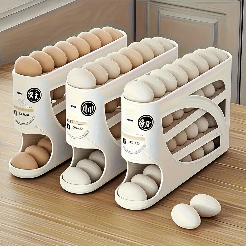 4-Tier Rolling Egg Rack - Space-Saving Side Door Design, Holds 30 Eggs, Smooth Glossy End, Convenient Handle | Suitable for Kitchen And Refrigerator Storage | Modern Kitchen Accessory | Durable Plastic Material - Image 2