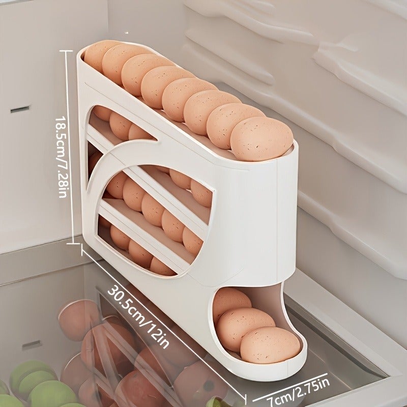 4-Tier Rolling Egg Rack - Space-Saving Side Door Design, Holds 30 Eggs, Smooth Glossy End, Convenient Handle | Suitable for Kitchen And Refrigerator Storage | Modern Kitchen Accessory | Durable Plastic Material - Image 3