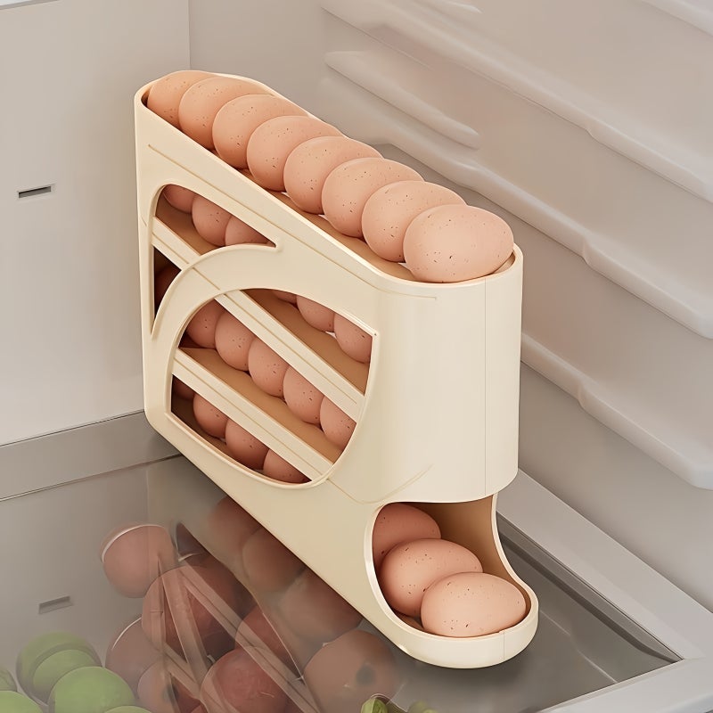 4-Tier Rolling Egg Rack - Space-Saving Side Door Design, Holds 30 Eggs, Smooth Glossy End, Convenient Handle | Suitable for Kitchen And Refrigerator Storage | Modern Kitchen Accessory | Durable Plastic Material - Image 1