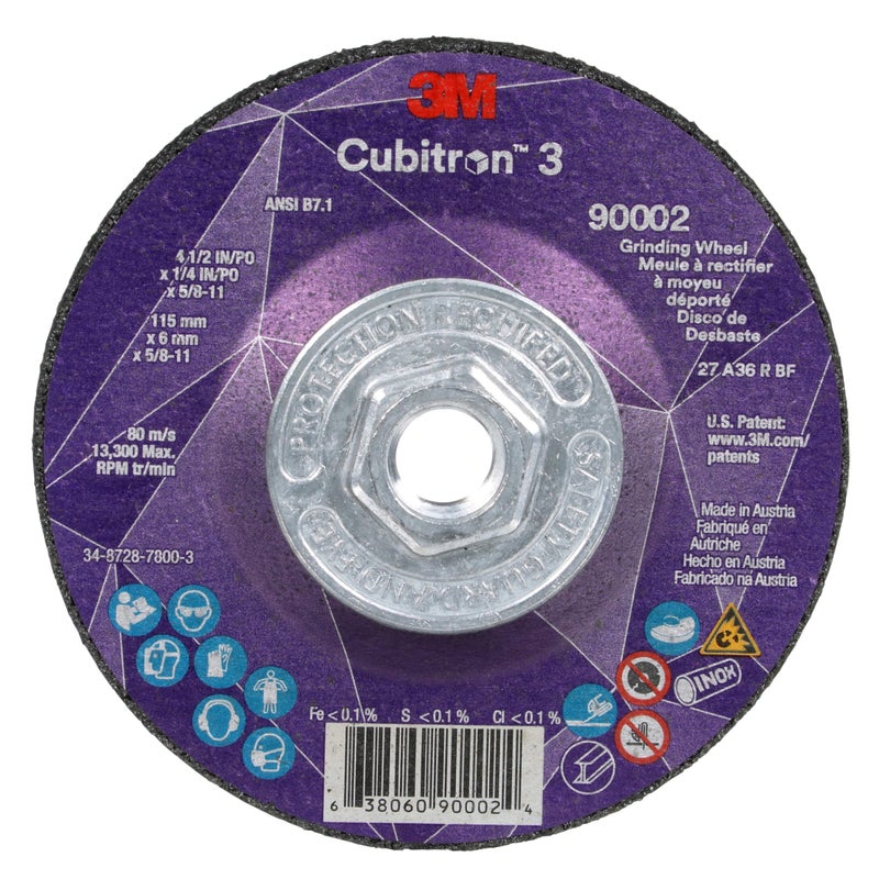 3M Cubitron 3 Depressed Center Grinding Wheel, 90002, 36+, T27, 4-1/2 in x 1/4 in x 5/8 in-11, Pack of 10, ANSI, Precision Shaped Grain, Beveling, Weld Grinding, Heavy Deburring, Slag Removal - Image 1