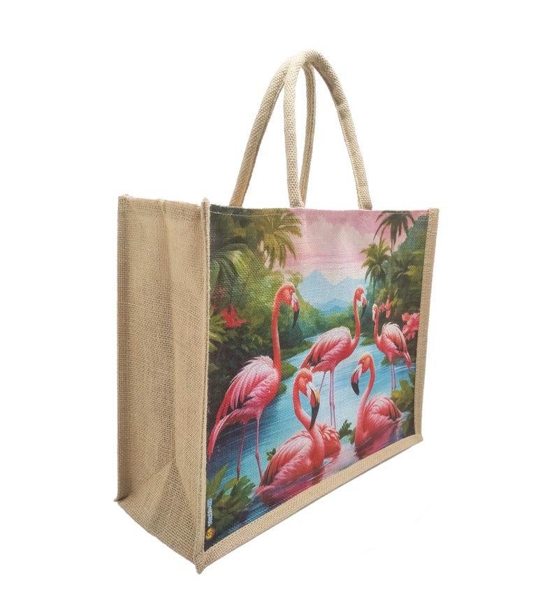 Sangra Multicolour Jute bag for Women and Men Lunch Bag with Zip and Handle (Floral) (Flamingo) - Image 2