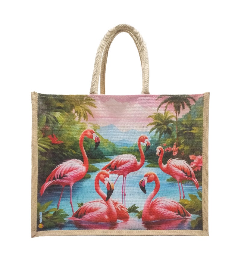 Sangra Multicolour Jute bag for Women and Men Lunch Bag with Zip and Handle (Floral) (Flamingo) - Image 1