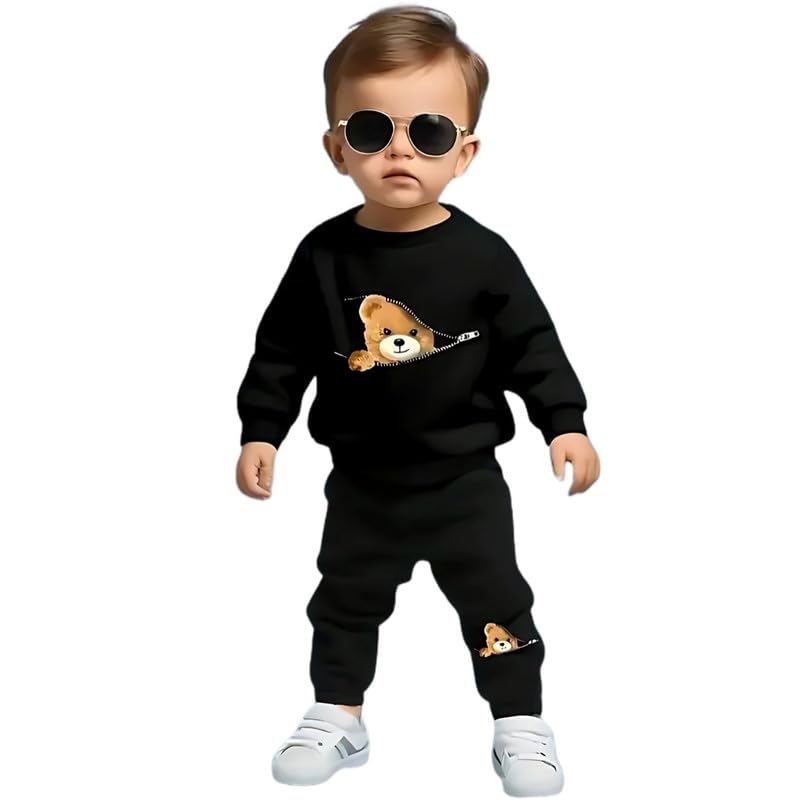 Fommy Baby Clothing Set - Cute Teddy Bear T-Shirt & Pant Outfit for Boys & Girls | Perfect Baby Dress, T-Shirt & Pants Combo | Stylish Baby Wear (Black Zipped Bear, 18 Months-24 Months) - Image 1