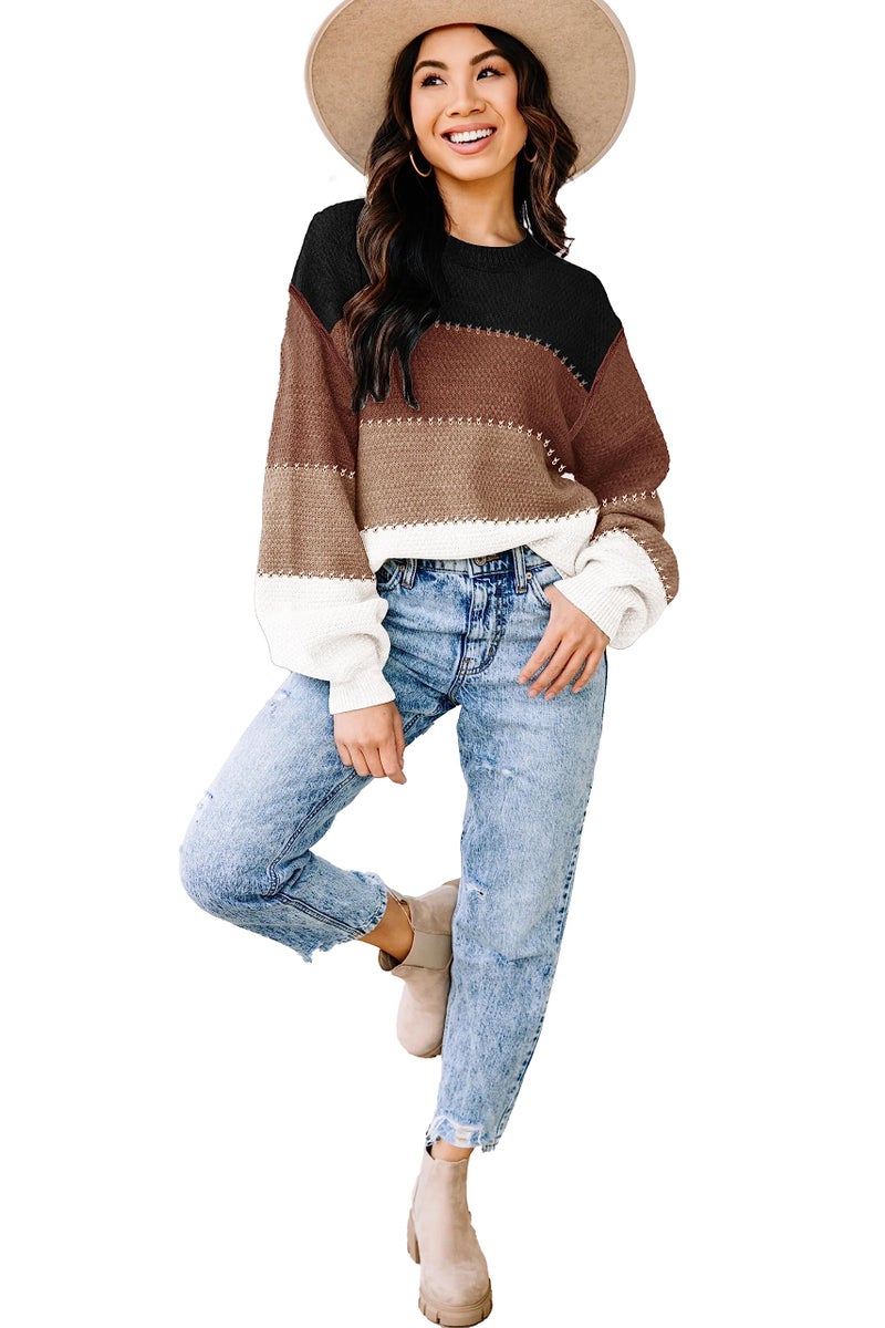Disamer Womens Sweaters Fall 2026 Fashion Long Sleeve Color Block Oversized Sweater Trendy Casual Crew Neck Knitted Tops Pullover,Color Black,Medium - Image 2