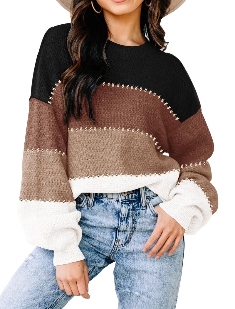 Disamer Womens Sweaters Fall 2026 Fashion Long Sleeve Color Block Oversized Sweater Trendy Casual Crew Neck Knitted Tops Pullover,Color Black,Medium - Image 1