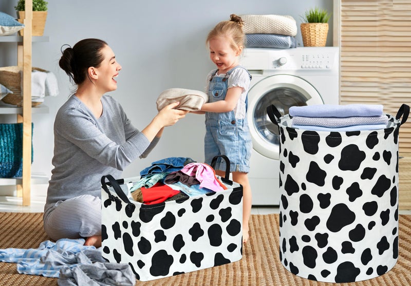 KUNRO Round Laundry Gift Basket Storage Hamper, Clothes Storage Organizer Bins, Shelf Basket with Handles for Room Decor (Rould Cow pattern) - Image 5
