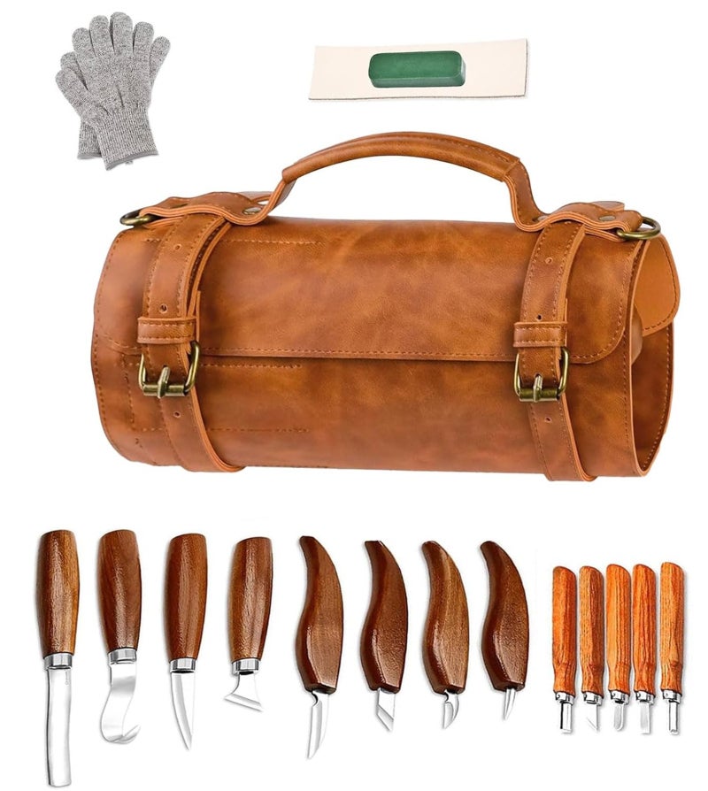 Wood carving tool set, leather case bag set, 17 pieces of wood carving tools, suitable for beginners - Image 1