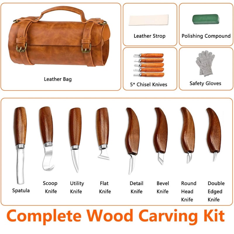 Wood carving tool set, leather case bag set, 17 pieces of wood carving tools, suitable for beginners - Image 2
