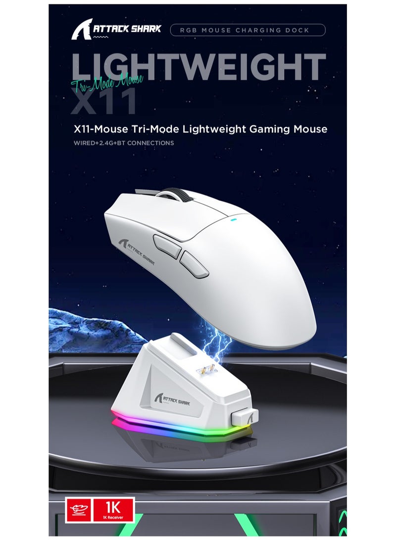 ATTACK SHARK X11 Tri-Mode Gaming Mouse - Wired, 2.4GHz Wireless, Bluetooth - 22000 DPI PixArt PAW3311 Sensor - RGB Backlight - Magnetic Charging Dock - Lightweight & Ergonomic Design - For PC, Laptop, Mac, Xbox, PS (White) - Image 2
