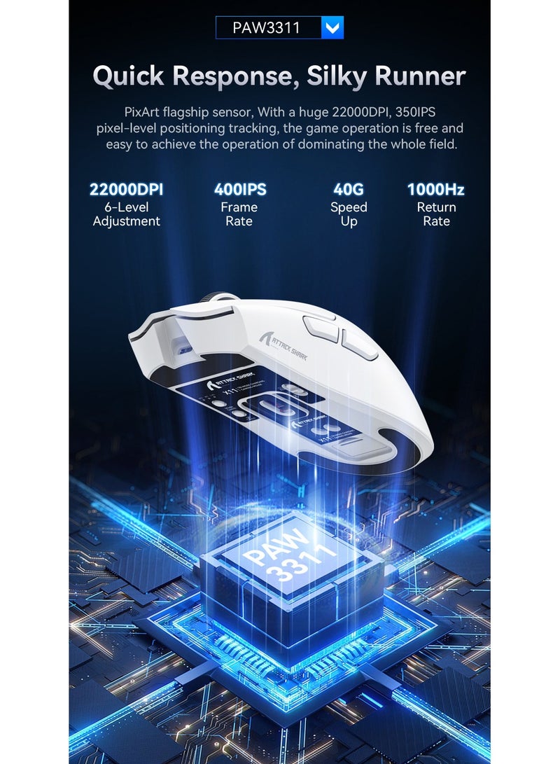 ATTACK SHARK X11 Tri-Mode Gaming Mouse - Wired, 2.4GHz Wireless, Bluetooth - 22000 DPI PixArt PAW3311 Sensor - RGB Backlight - Magnetic Charging Dock - Lightweight & Ergonomic Design - For PC, Laptop, Mac, Xbox, PS (White) - Image 5