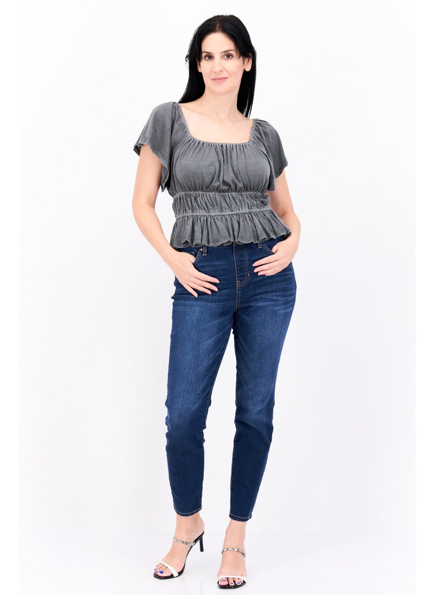 LUCKY BRAND - Women Square Neck Short Sleeves Plain Top, Dark Grey - Image 1