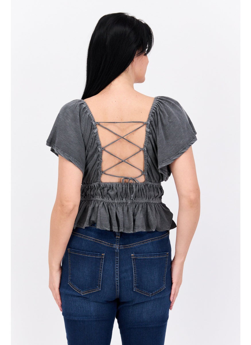 LUCKY BRAND - Women Square Neck Short Sleeves Plain Top, Dark Grey - Image 1