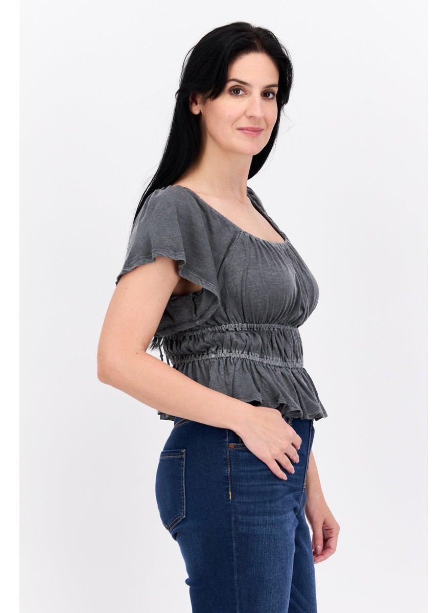 LUCKY BRAND - Women Square Neck Short Sleeves Plain Top, Dark Grey - Image 1