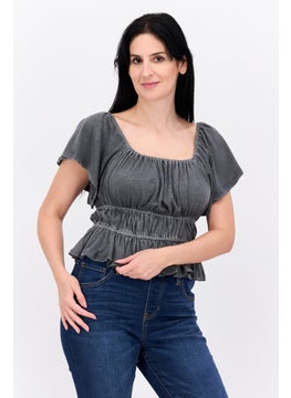 Women Square Neck Short Sleeves Plain Top, Dark Grey
