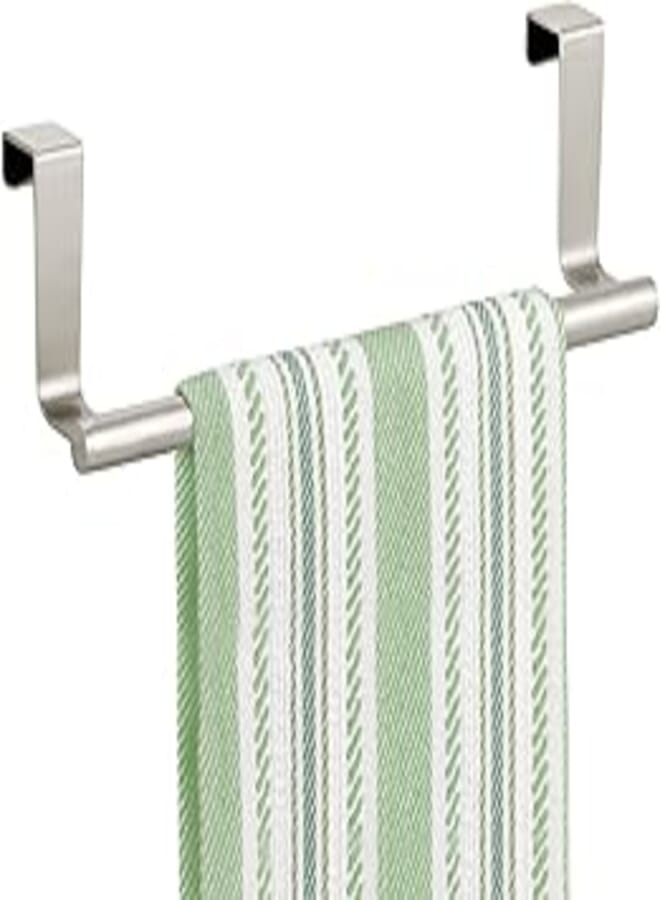 mDesign Decorative Metal Kitchen Over Cabinet Towel Bar - Hang on Inside or Outside of Doors, Storage and Display Rack for Hand, Dish, and Tea Towels - 9.2" Wide - Satin