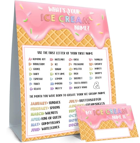 BirtDerr Whats Your Ice Cream Name Ice Cream Decorations for Birthday Party 30PCS Sticker Name Cards for Birthday Party Supply - Image 1