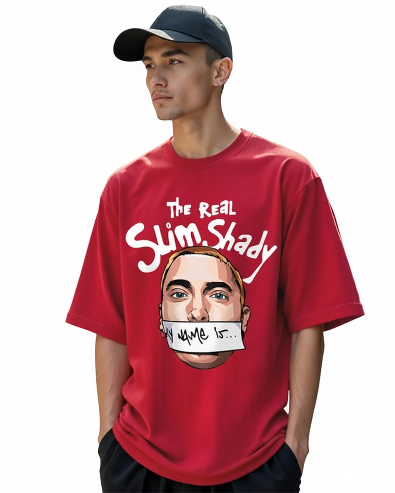 Bewakoof Men's Real Slim Shady Graphic Print Cotton T-Shirt- Oversized Fit, Round Neck, Half Sleeves 584921_Red_L - Image 1