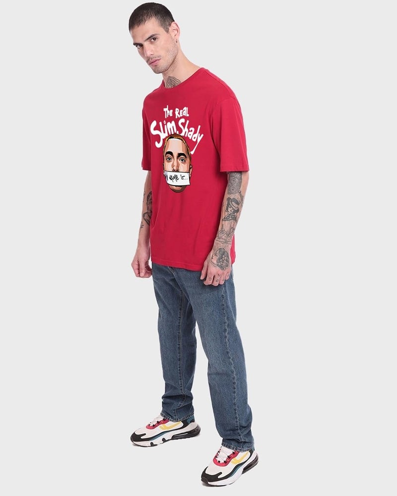 Bewakoof Men's Real Slim Shady Graphic Print Cotton T-Shirt- Oversized Fit, Round Neck, Half Sleeves 584921_Red_L - Image 5