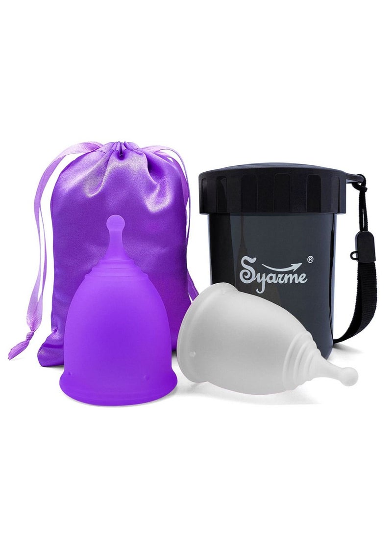 Syarme Menstrual Cup, Reusable Period Cup, Made of Medical Silicone, Replacement for Tampons and Pads, Contains 2 Menstrual Cups S and L, Washing Sterilizer Bottle and Cloth Bag  - Image 1