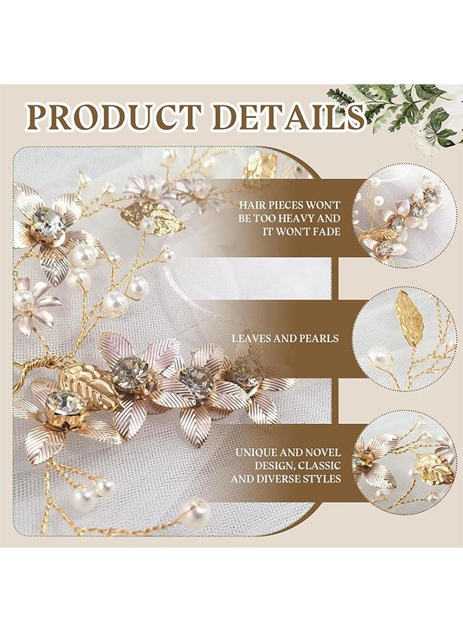HY Gold Flower Wedding Prom Hair Accessories for Women Girls, Gold Hair Piece Vines Crystal Headband Pearls Handmade Wedding Hair Accessories - Image 4