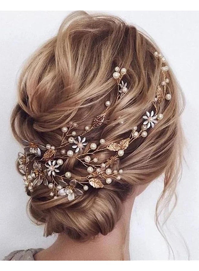 HY Gold Flower Wedding Prom Hair Accessories for Women Girls, Gold Hair Piece Vines Crystal Headband Pearls Handmade Wedding Hair Accessories - Image 3