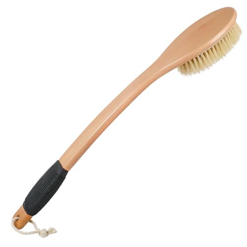 OWIIZI Back Scrubber Brush for Shower Long Stiff Bristle Body Bath Brushes Wooden Curved Long Handle Skin Exfoliator for Men Women Wet or Dry Use